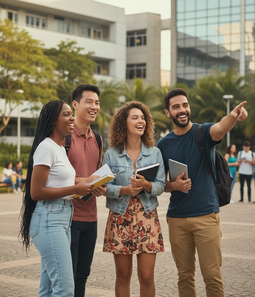 Estudantes universitários conversando no campus, um deles apontando adiante
